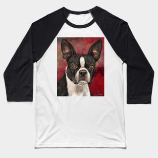 Painting of Black and White Boston Terrier on Burgundy Background Baseball T-Shirt